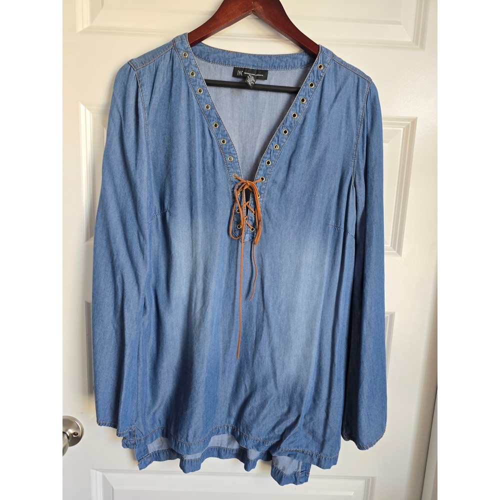 INC International Concepts Blue Chambray Lace Up Tunic Blouse Grommet Top Size 8
